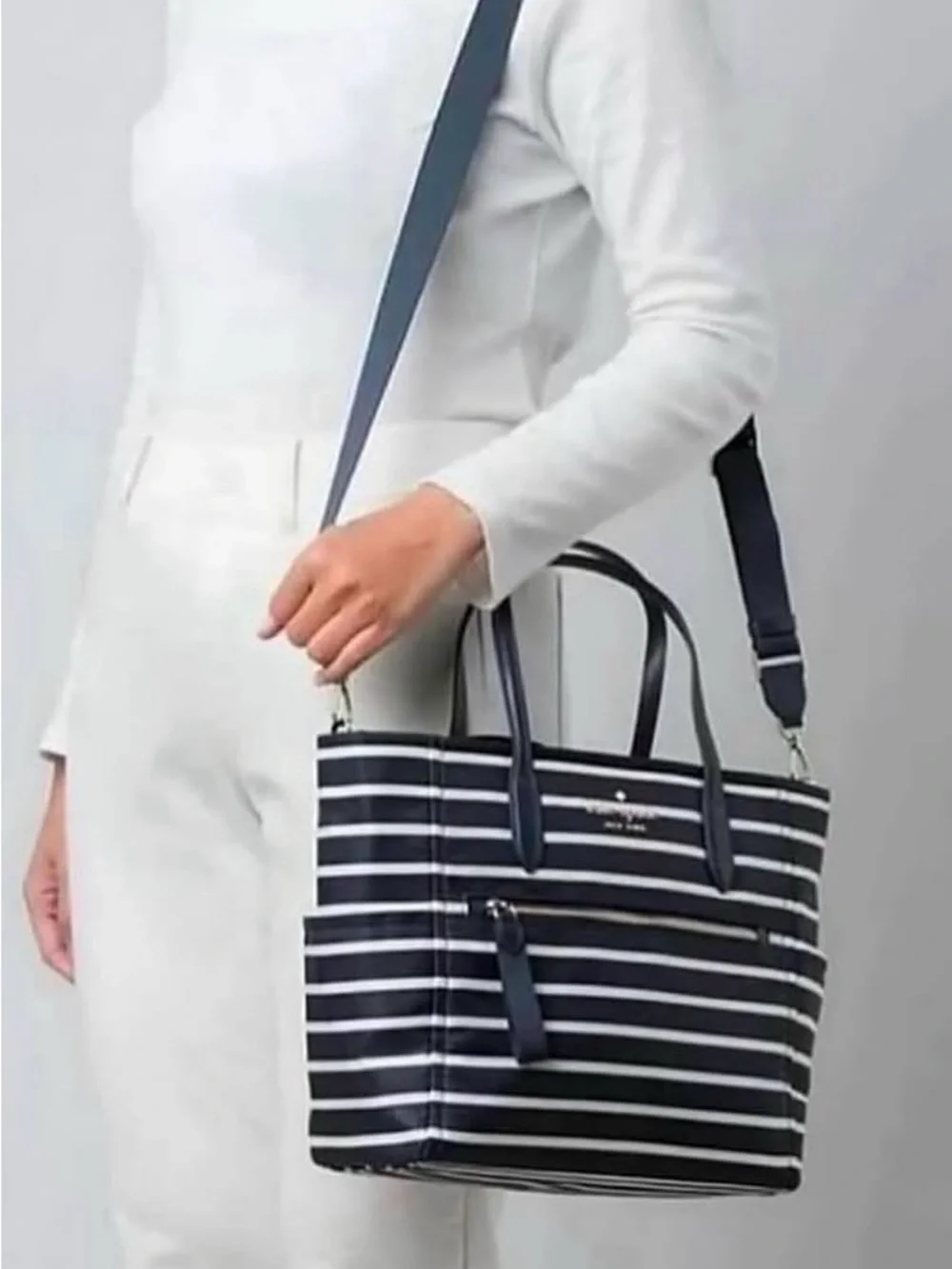 Kate Spade Chelsea Medium Satchel Navy and Cream Striped with Front Zip&Main Zip